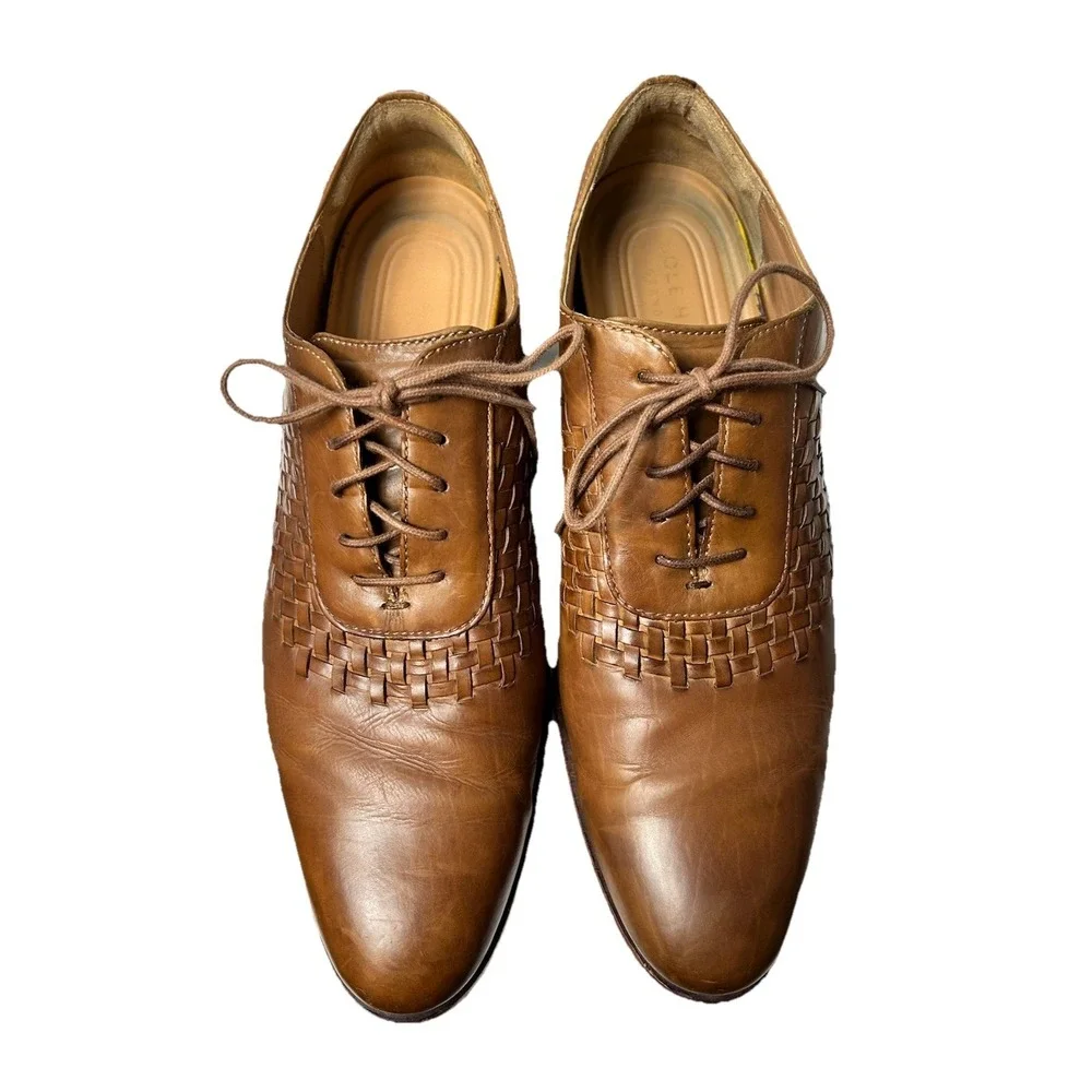 Cole Haan Grand OS Woven Leather Oxfords 10.5 M British Tan Brown Dress Shoes‎